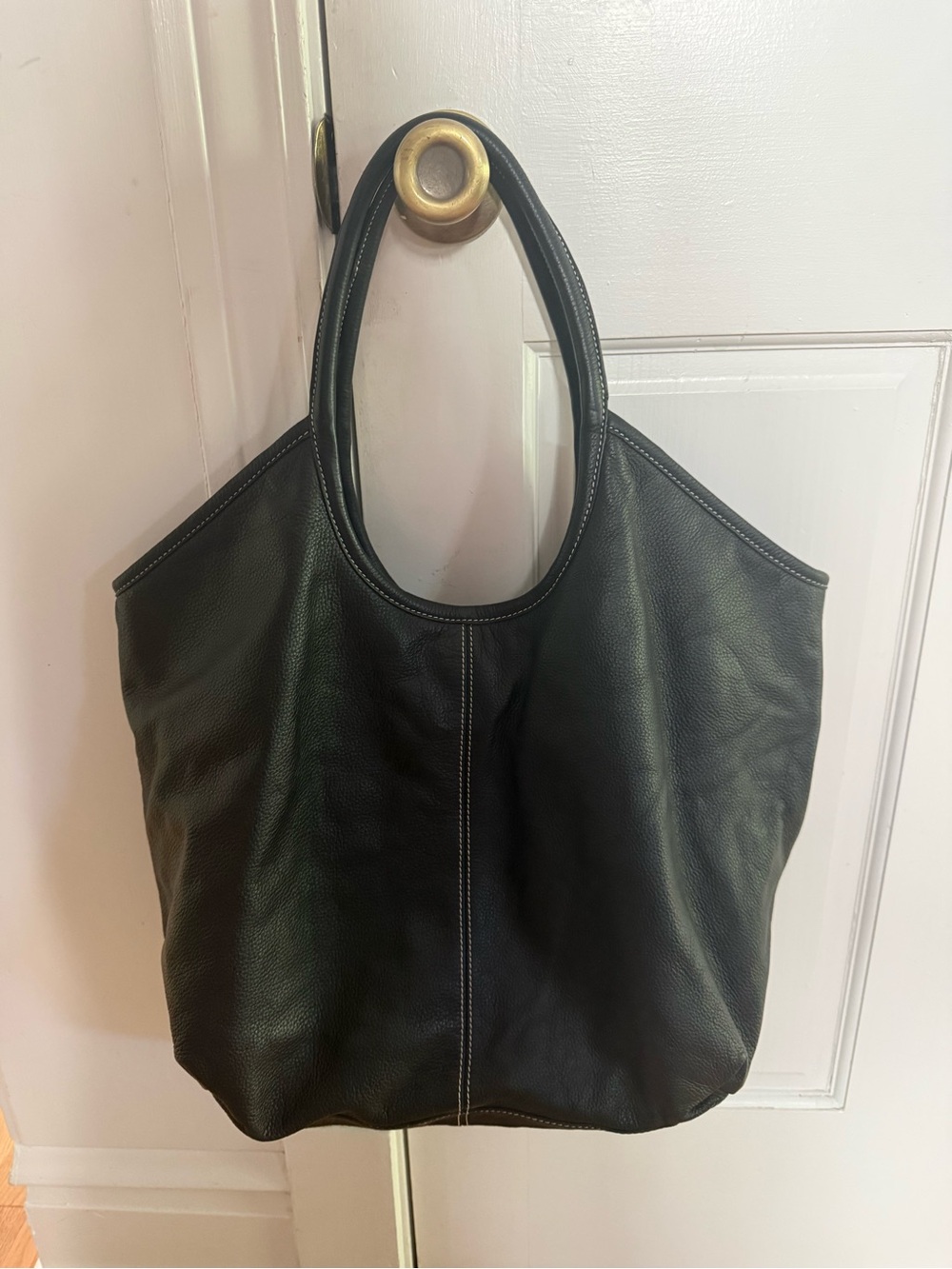 Talbots Large Black Leather Tote Bag with White Stitching